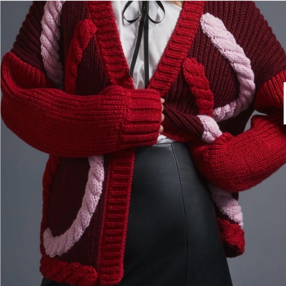 Maeve Anthropologie Red and Pink Cable Knit Cardigan